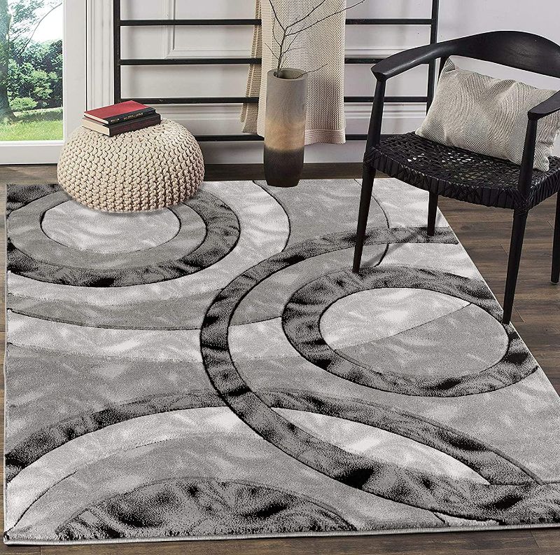 Photo 1 of Glory Rugs Area Rug Modern 4x6 Grey Black Circles Geometry Soft Hand Carved Contemporary Floor Carpet Fluffy Texture for Indoor Living Dining Room and Bedroom Area
