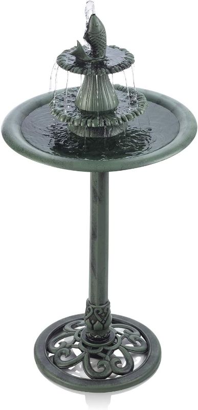 Photo 1 of Alpine Corporation 3-Tiered Pedestal Water Bird Bath with Fish Design Floor Fountain, 40-Inch Tall, Green, TEC104