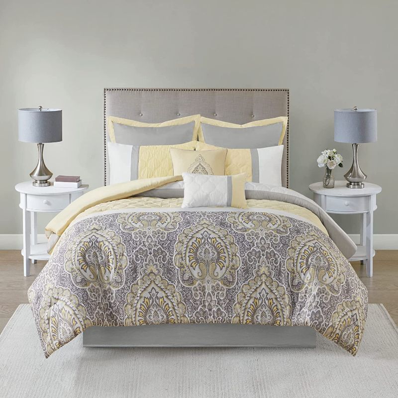 Photo 1 of 510 DESIGN Luxe Quilted Comforter Set Modern Transitional Design, All Season Down Alternative Warm Bedding Matching Shams, Bedskirt, Decorative Pillow, Queen, Shawnee Scrollwork Yellow