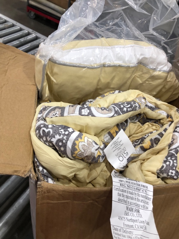 Photo 2 of 510 DESIGN Luxe Quilted Comforter Set Modern Transitional Design, All Season Down Alternative Warm Bedding Matching Shams, Bedskirt, Decorative Pillow, Queen, Shawnee Scrollwork Yellow