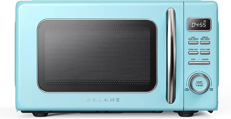 Photo 1 of (NOT FUNCTIONAL; DENTED )Galanz GLCMKZ07BER07 Retro Countertop Microwave Oven with Auto Cook & Reheat, Defrost, Quick Start Functions, Easy Clean with Glass Turntable, Pull Handle.7 cu ft, Blue
