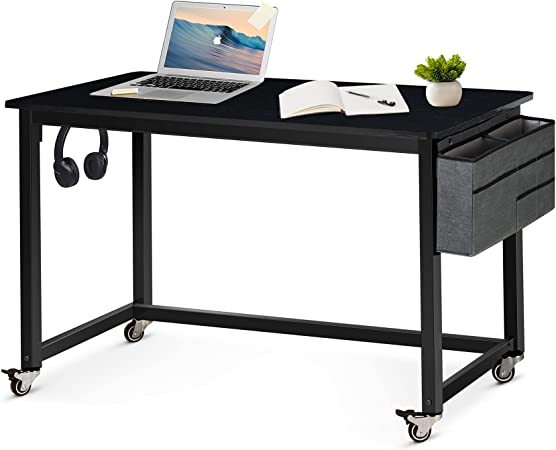 Photo 1 of Spurgehom Rolling Computer Desk with 4 Smooth Wheels, Simple Style Mobile Writing Desk Home Office Study Table Movable Workstation with Metal Frame… (Black, 47")
