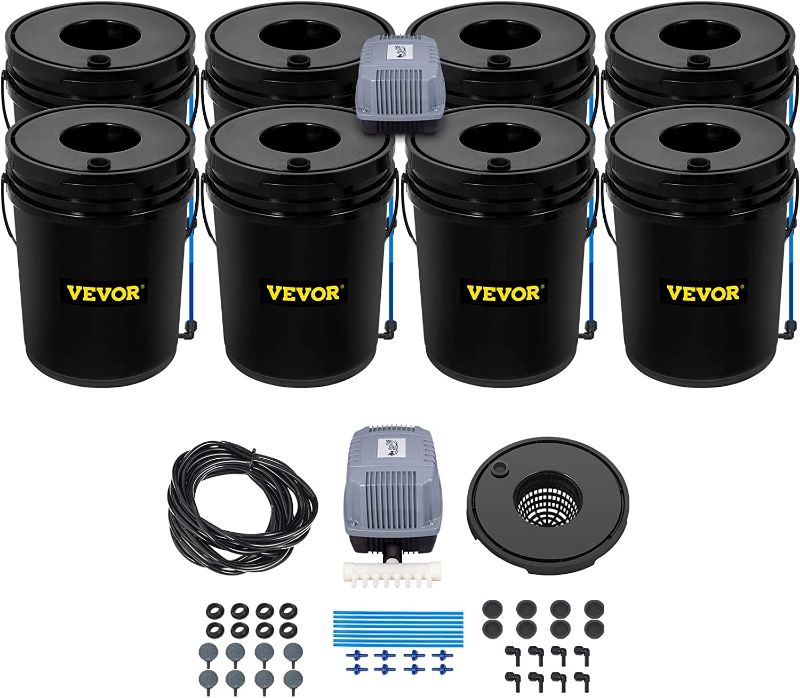 Photo 1 of VEVOR DWC Hydroponic System, 5 Gallon 8 Buckets, Deep Water Culture Growing Bucket, Hydroponics Grow Kit with Pump, Air Stone and Water Level Device, for Indoor/Outdoor Leafy Vegetables

