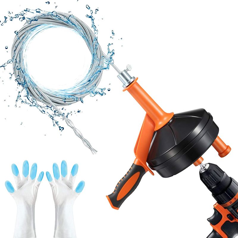 Photo 1 of Drain Auger, Breezz Clog Remover with Drill Adapter, 25 Feet Heavy Duty Flexible Plumbing Snake Use Manually or Powered for Kitchen,Bathrom and Shower Sink, Comes with Gloves (Orange)
