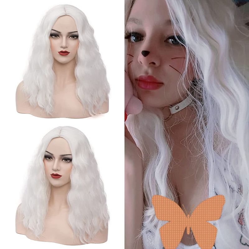Photo 1 of DWMGLP 18" Long White Curly Wavy Wig For Women Heat Resistant Fiber Wigs Halloween Cosplay Daily Party+Cap (White)
