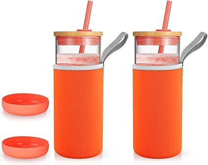 Photo 1 of 
Roll over image to zoom in







Tronco Iced Coffee Cup Glass Tumbler with Straw and Bamboo Lid|Wide Mouth Reusable Smoothie Cup with Straw and Insulator Sleeve|Borosilicate Glass Water Bottle with Lid|20oz?Papaya/2Pack?