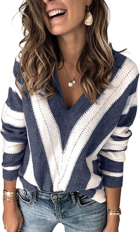 Photo 1 of Elapsy Womens Color Block Striped V Neck Sweater Long Sleeve Pullover Knitted Sweater M
