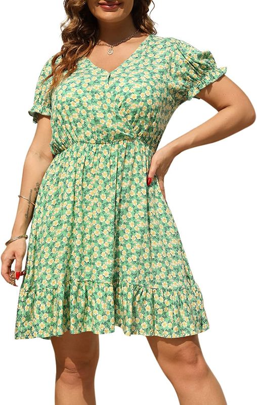 Photo 1 of Celkuser Womens Plus Size Short Sleeve V Neck Casual Printed Floral Swing Mini Dress with Pockets. 22 PLUS 
