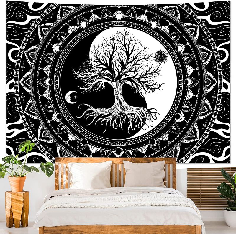 Photo 1 of Yuiqear Tree of Life Tapestry Black and White Tapestry Sun and Moon Tapestry Mandala Tapestry Wall Hanging for Room Decor(51.2 x 59.1 inches)
