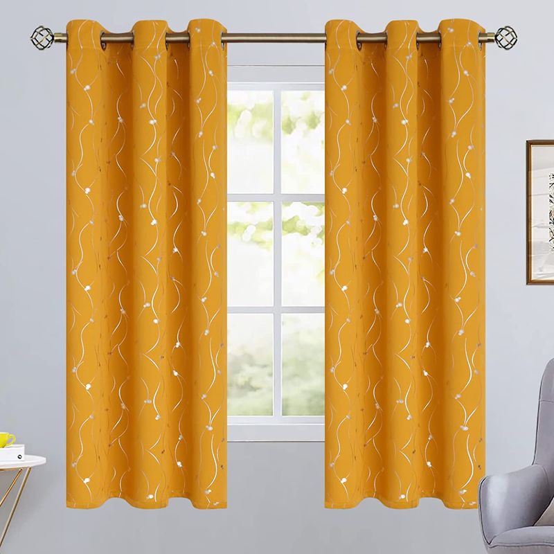 Photo 1 of BGment Room Darkening Curtains 63 Inches Long, Grommet Thermal Insulated Blackout Curtains with Wave Line and Dots Printed for Bedroom, 2 Panels, Each 42 x 63 Inch, Mustard Yellow  -- FACTORY SEALED --
