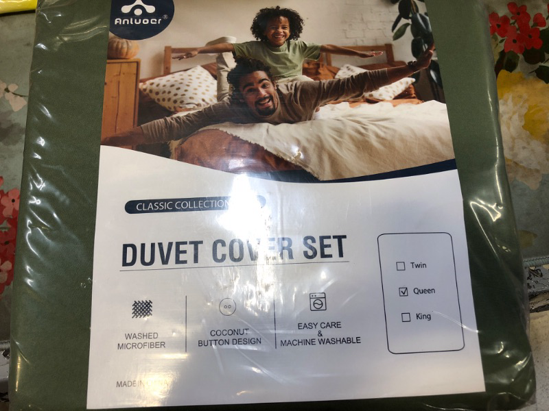 Photo 2 of Anluoer Duvet Cover Queen Size with 2 Pillow Shams- Washed Queen Duvet Cover Set with Buttons Closure , Soft Microfiber Bedding Comforter Covers for All Season(Olive Green, 90x90 inches, 3 Pieces )  -- FACTORY SEALED --
