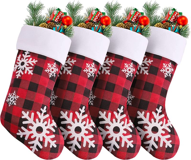 Photo 1 of 4 Pack Christmas Stockings, 18 Inches Buffalo Plaid Stockings with Snowflake and Plush Cuff, Fireplace Hanging Stockings Gifts & Decorations for Family Holiday Party (Red and Black)
