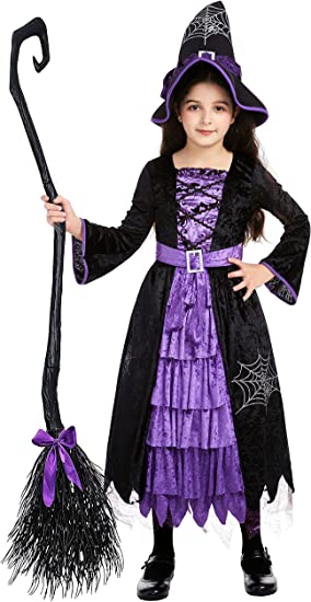 Photo 1 of Girls Witch Costume Kids Purple Witch Dress for Halloween Party Dress Up with Witches Hat 3-12 Years (Purple, 3-4 Toddles)
