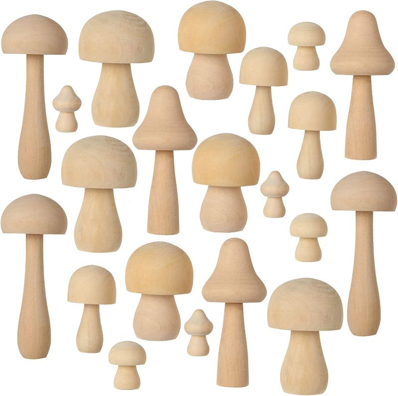 Photo 1 of  Wooden Mushroom Set,  Different Sizes Natural Unfinished Mushrooms, Plain Unpainted Wood Mushroom Figures for Arts and Crafts Projects, DIY Bookshelf Desk Home Decoration, DIY Paint Color
