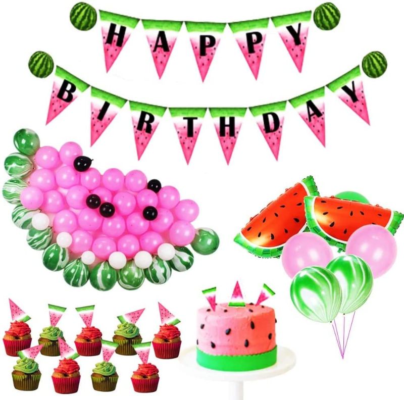 Photo 1 of fozi cozi,144PCS Watermelon Birthday Party Decorations Set-Summer Birthday Party Supplies(Include Watermelon Decor Balloons Cupcake Toppers,Etc.),Pink
