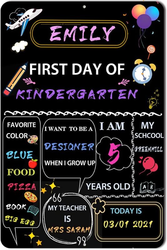 Photo 1 of First Day of School Photo Prop Chalkboard Sign.First Day of Kindergarten Chalkboard My 1st Day Back to School Board Style Sign, Kindergarten, Preschool, Durable Metal Milestone Tin Sign 12" X 8"
