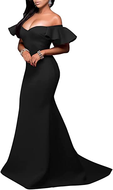 Photo 1 of  LAGSHIAN Women's Sexy Elegant Off Shoulder Ruffle Sleeve Bodycon Formal Maxi Dress SIZE XL
