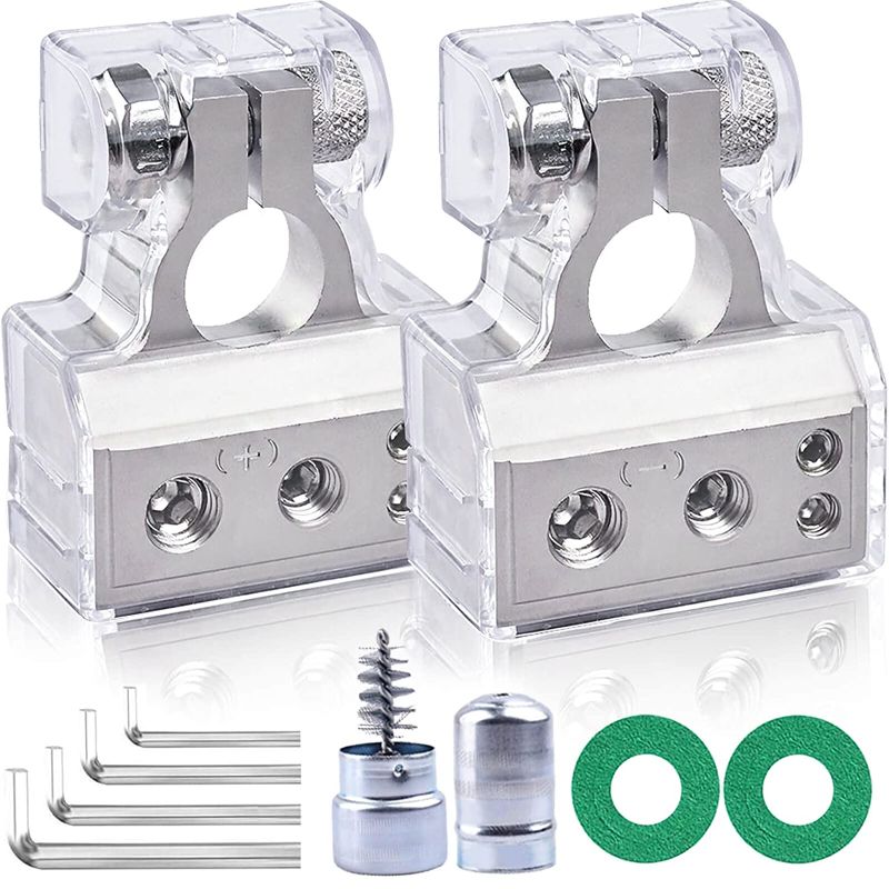 Photo 1 of WRDLOSY Battery Terminal Connectors, Heavier Duty with Cleaning Brush, Two Covers, 4 Allen Wrenches, 0/2/4/6/8 Guage Positive Negative Car Battery Terminals, Multiple for SAE/JIS Type A Posts (Silver)
