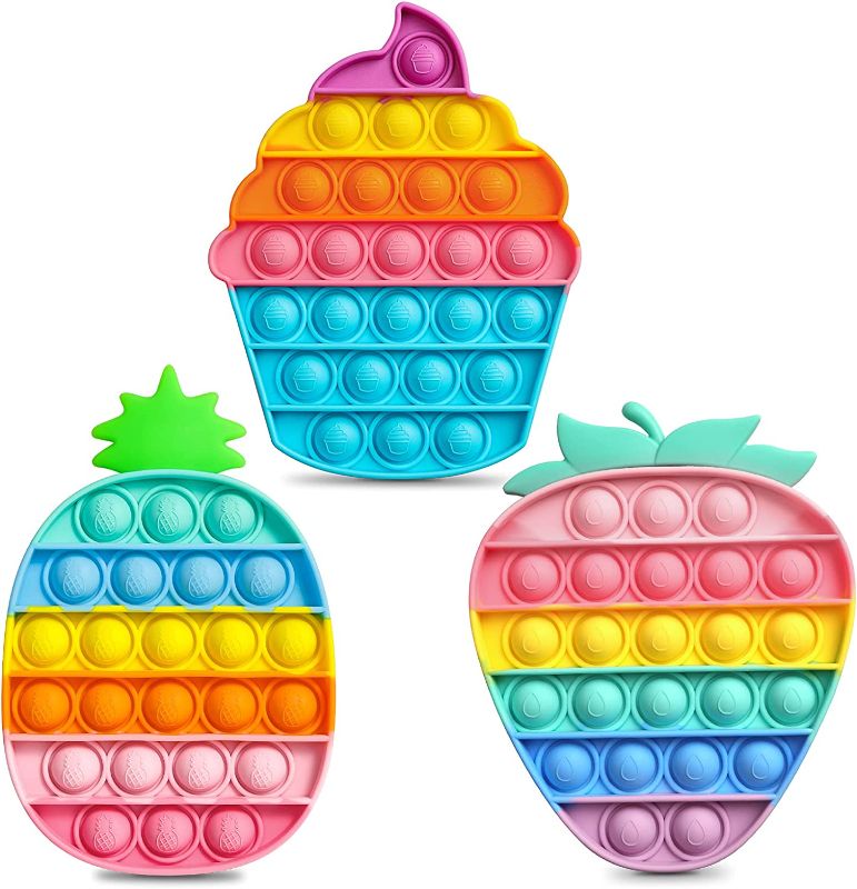 Photo 1 of Aemotoy 3PCS Push Bubble Sensory Toys for Kids Adults Silicone Pops Rainbow Fruit Squeeze Toy Stress Relief Toys Valentine's Day Gift for Autism ADD(Pineapple+Strawberry+ Cake)
