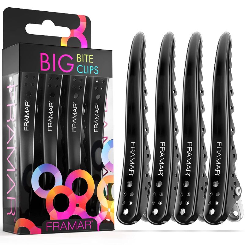 Photo 1 of 2 COUNT Framar Black Big Bite Clips - Set of 4 Professional Hair Clips – Hair Clips for Styling, Clips for Hair, Metal hair Clips - Extra Grip & Durable
