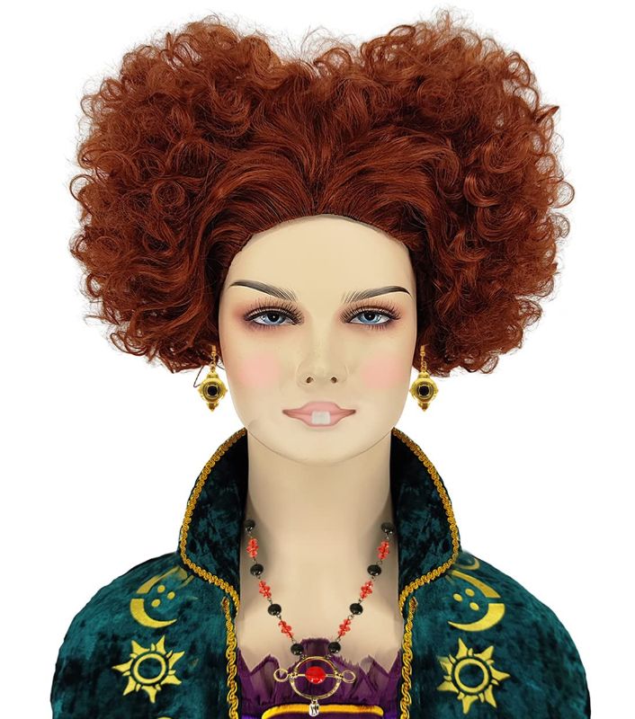 Photo 1 of Bopocoko Winifred Sanderson Wig with Necklace + Earrings + Teeth Short Brown Wigs for Sanderson Sisters Costume Adult Cute Colorful Wigs for Hocus Pocus Costume BU252BR
