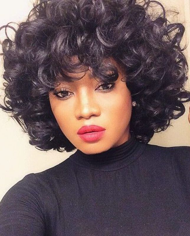 Photo 1 of Ccfurwo Short Curly Wigs for Black Women, Afro Kinky Curly Hair Wigs for Black Women with Bangs Natural Heat Resistant Synthetic Bob Hair Wigs for Daily Party Halloween C001BK
