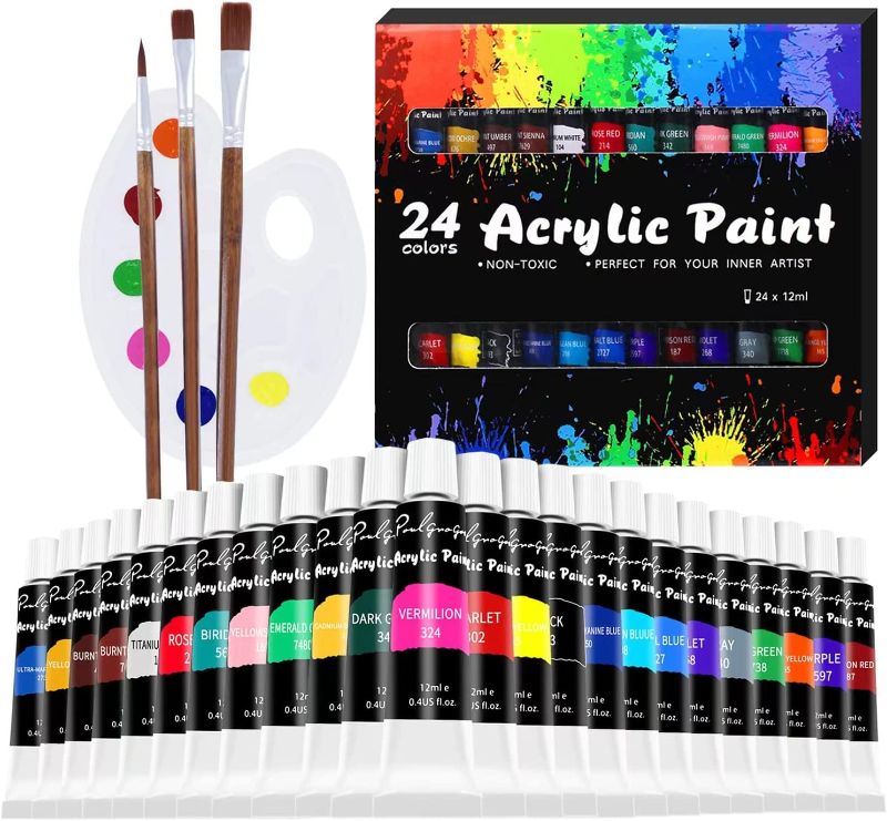 Photo 1 of Acrylic Paint Set, 24 Colors Vibrent Pigment with Paint Brush & Palette, Art Craft Painting Supplies Acrylic Paint for Adults, Kids & Professional Artists
