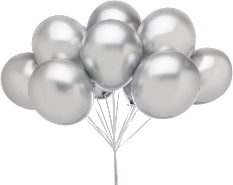 Photo 1 of Chrome Silver Balloons 12 inch 50 pcs Metallic Latex Balloons Birthday Party Decoration Helium Balloons
