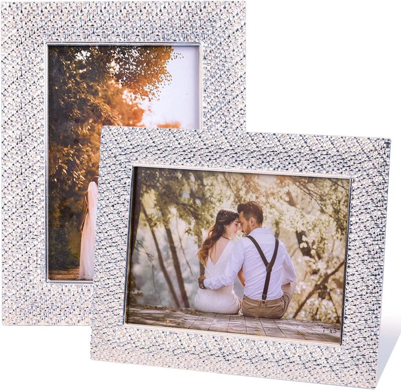 Photo 1 of 5x7 Picture Frames 2 Pack, with HD Clear Glass for Desk or Wall Display, Metal Photo Frame Holds 5 X 7 Photos, Ornate & Baroque, Glitter Silver White, Engagement and Wedding Gifts for Couples, Friends
