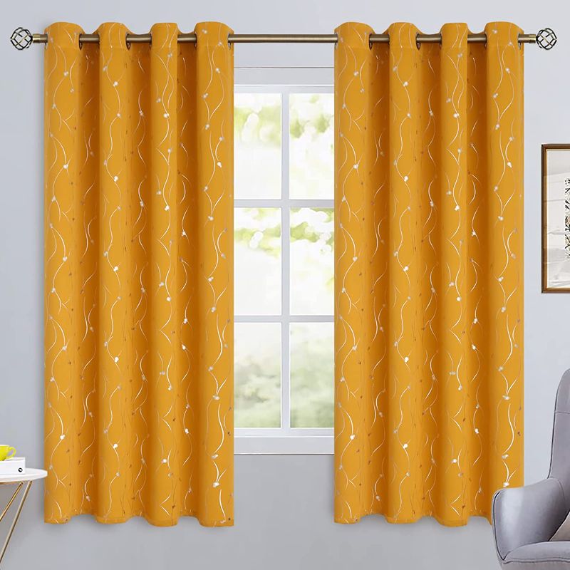 Photo 1 of  Room Darkening Curtains 63 Inches Long, Grommet Thermal Insulated Blackout Curtains with Wave Line and Dots Printed for Bedroom, 2 Panels, Each 52 x 63 Inch, Mustard Yellow
-FACTORY SEALED PACKAGE-