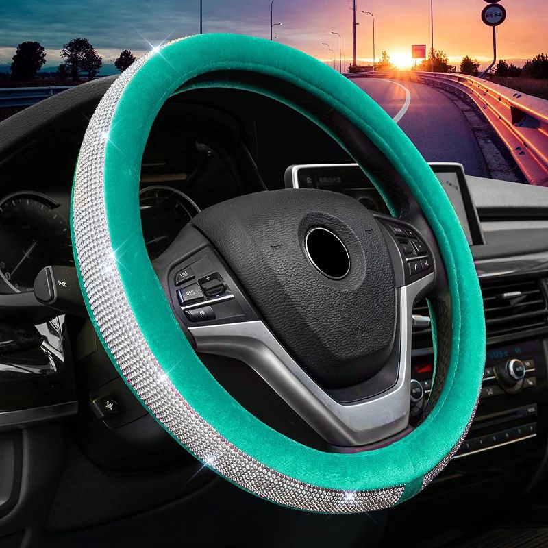 Photo 1 of  Crystal Diamond Steering Wheel Cover Soft Velvet Feel Bling Steering Wheel Cover for Women Universal 15 inch Plush Wheel Cover for Escape Fusion Focus Accord Prius Rav4 Lake Blue