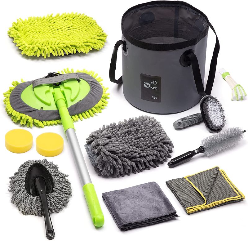 Photo 1 of 2 Pcs Car Cleaning Kit | Car Wash Kit with Bucket, Brush with 43'' Long Handle, Car Wash Mitt Microfiber Towels Collapsible Bucket for Exterior and Interior Detailing