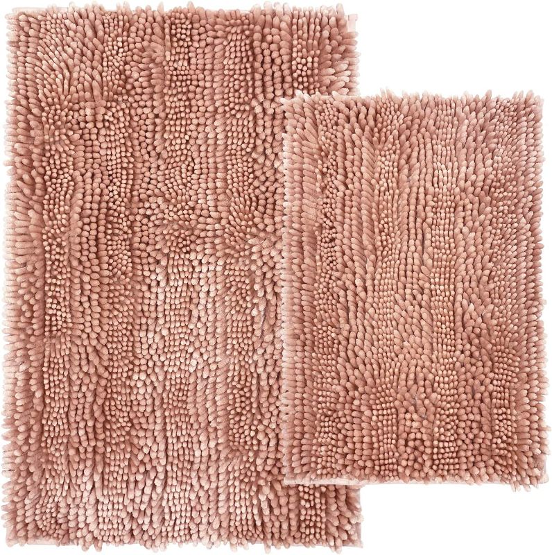 Photo 1 of  2 Piece Bathroom Rugs Mats Set Butter Chenille, Cute Bath Mat Rug Shiny Noodle with Non Slip Backing, Super Water Absorbent Machine Washable 31x20 and 24x16 Inch Pink
-VACUUM SEALED PACKAGE-