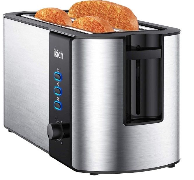 Photo 1 of IKICH Toaster 4 Slice, Toaster 2 Long Slot Stainless Steel, Warming Rack, 6 Browning Settings, Defrost/Reheat/Cancel, Removable Crumb Tray, 1300W (( FACTORY SEALED ))
