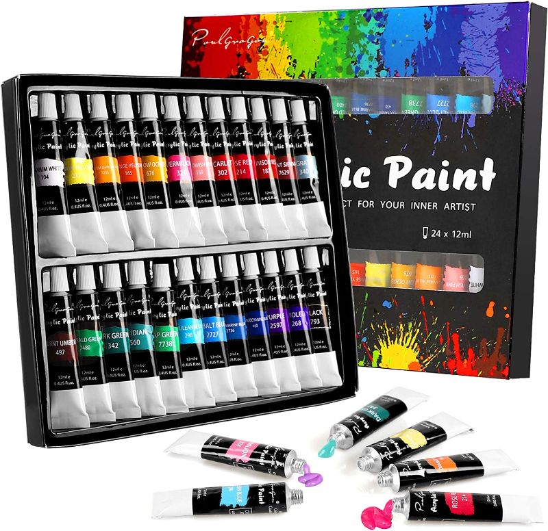 Photo 1 of Acrylic Paint Set 24 Colours 12ml, Non Toxic Non Fading, Rich Pigment for Kids, Adults, Beginner & Professional Artists
