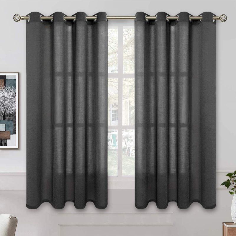 Photo 1 of  Linen Look Semi Sheer Curtains for Bedroom, Grommet Light Filtering Casual Textured Privacy Curtains for Living Room, 2 Panels (Each 52 x 45 Inch, Black)