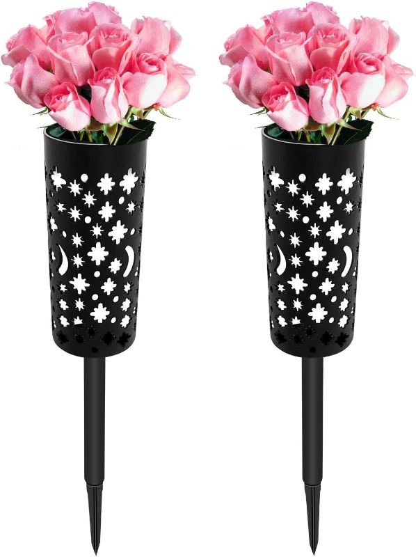 Photo 1 of 2 Pack Grave Vase Cemetery Vases Grave Flower Vases Grave Markers Flowers Holder Floral Memorial Plastic Decorations Cones with Long Spike Stakes and Drainage Holes for Headstone Gravestone-Black
