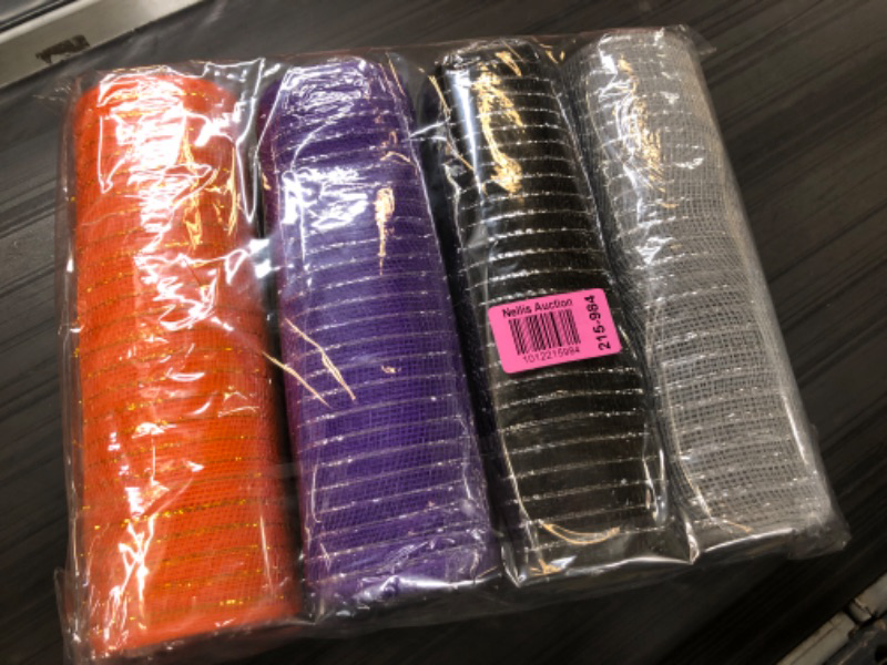 Photo 2 of  Halloween Poly Mesh Ribbon Decorative Metal Autumn Mesh Foil Purple Black Silver Orange Mesh Rolls for DIY Halloween Projects Garland Party Decor Wrapping Craft, 4 Rolls
