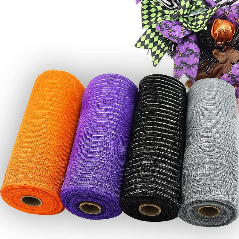 Photo 1 of  Halloween Poly Mesh Ribbon Decorative Metal Autumn Mesh Foil Purple Black Silver Orange Mesh Rolls for DIY Halloween Projects Garland Party Decor Wrapping Craft, 4 Rolls