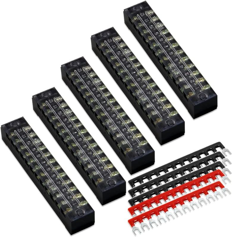 Photo 1 of  10pcs (5 Sets) 12 Positions Dual Row 600V 15A Screw Terminal Strip Blocks with Cover + 400V 15A 12 Positions Pre-Insulated Terminals Barrier Strip (Black & Red)