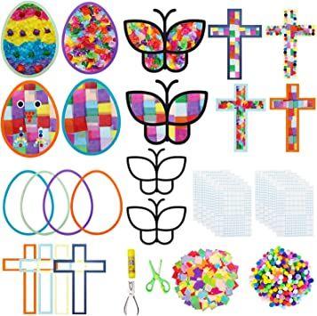 Photo 1 of Exquiss 3 Patterns for Easter Tissue Paper Suncatcher Crafts-Egg+Cross+Butterfuly Suncatchers Crafts with 1600pcs Craft Kits for Kids Easter Crafts Suncatchers Easter DIY Activities School Art Crafts
