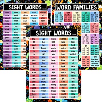Photo 1 of 3 Sheets Sight Words and Word Families Posters, 14 x 20 Inch Educational Preschool Posters Sight Words Learning Charts and Decorations for Kindergarten Home School
