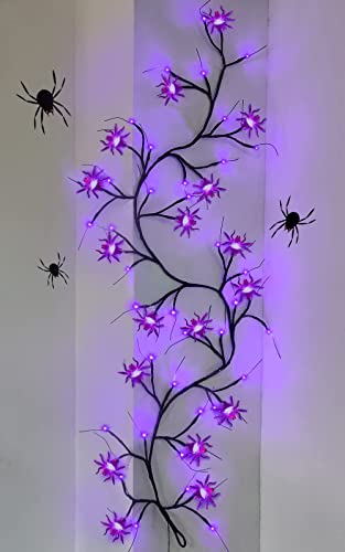 Photo 1 of [Timer & 8 Modes] 6Ft 54 LED Halloween Willow Vine Twig 18 LED Spiders, 36 Purple Halloween Lights Waterproof Battery Operated Garland Halloween Scary Decorations Home Indoor Wall
