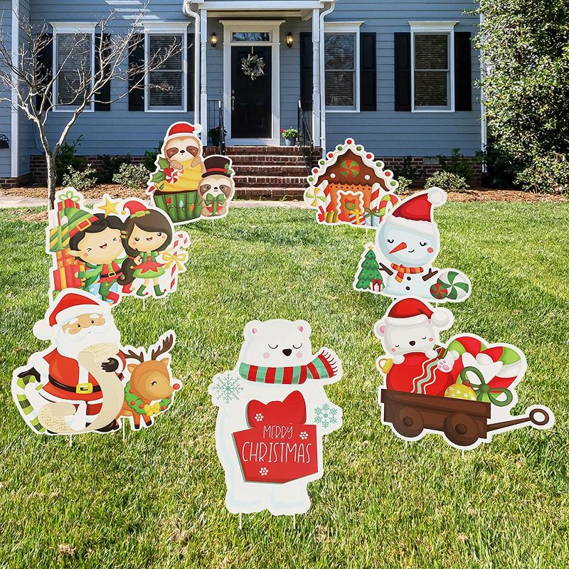 Photo 1 of 7 Pack Christmas Yard Sign with Stake, Outdoor Xmas Props Yard Yard Signs, Christmas Decoration Signs, Water Resistant Large Christmas Decor for Patio Path Lawn
