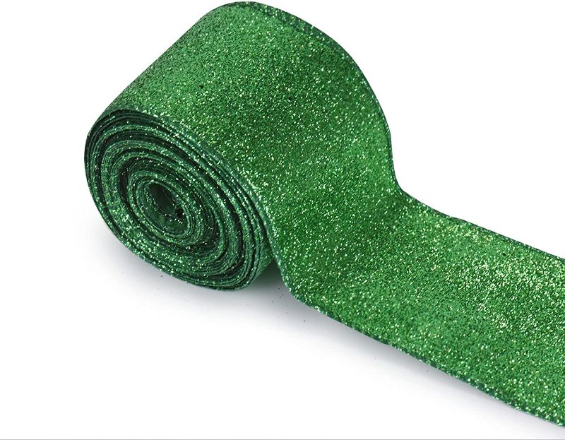 Photo 1 of 2 PACK-Christmas Decoration Green Metallic Glitter Ribbon for Gift Wrapping, Wired Edge Green Ribbons for Christmas Tree Wreath DIY Crafts Home Outdoor Party Decor Bows , 2.5" x 10 Yards x 1 Roll
