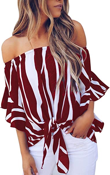 Photo 1 of Bdcoco Womens Stripe Printed Off The Shoulder Tops Tie Knot 3 4 Flare Sleeve Blouse Shirts-SIZE XL
