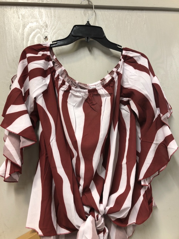 Photo 2 of Bdcoco Womens Stripe Printed Off The Shoulder Tops Tie Knot 3 4 Flare Sleeve Blouse Shirts-SIZE XL
