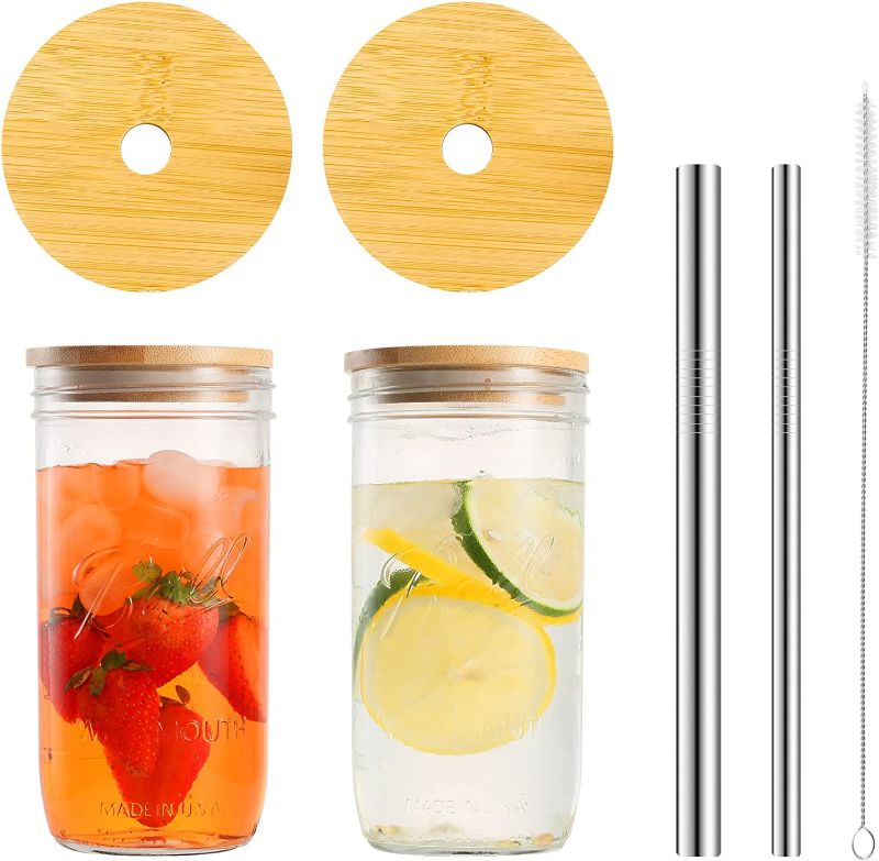 Photo 1 of 2 Pack Wide Mouth Mason Jar Lids, Bamboo Mason Jar Lids with Straw Hole, Reusable Ball Jar Lid with 1 Stainless Steel Boba Straw & 1 Stainless Steel Thin Straw, 1 Cleaning Brush
