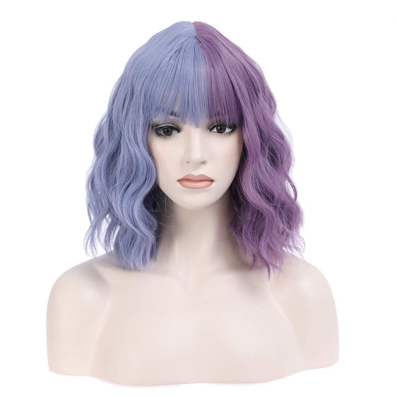 Photo 1 of  14 Inches Half Blue and Half Purple Wig 2-Tone Dyed with Bangs Short Curly Wavy Bob Wig Wig Cap Included (Half Blue Half Purple)