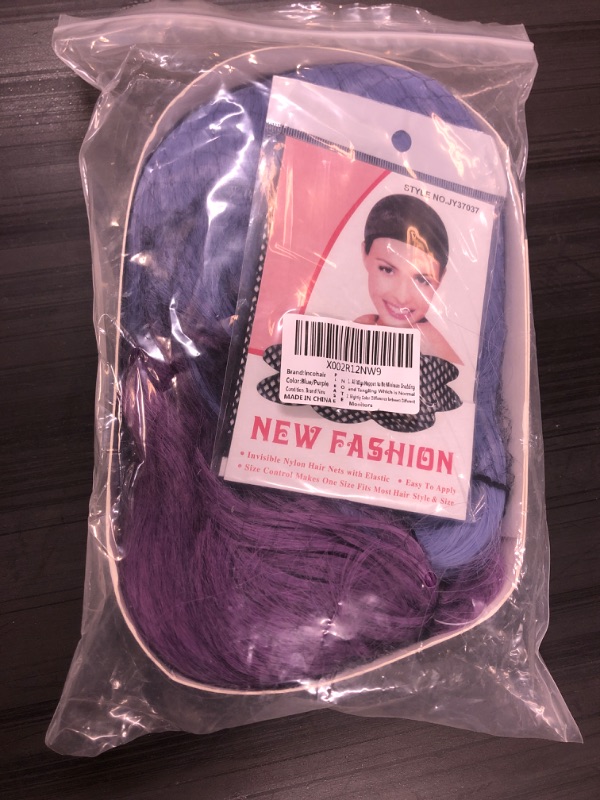 Photo 2 of  14 Inches Half Blue and Half Purple Wig 2-Tone Dyed with Bangs Short Curly Wavy Bob Wig Wig Cap Included (Half Blue Half Purple)